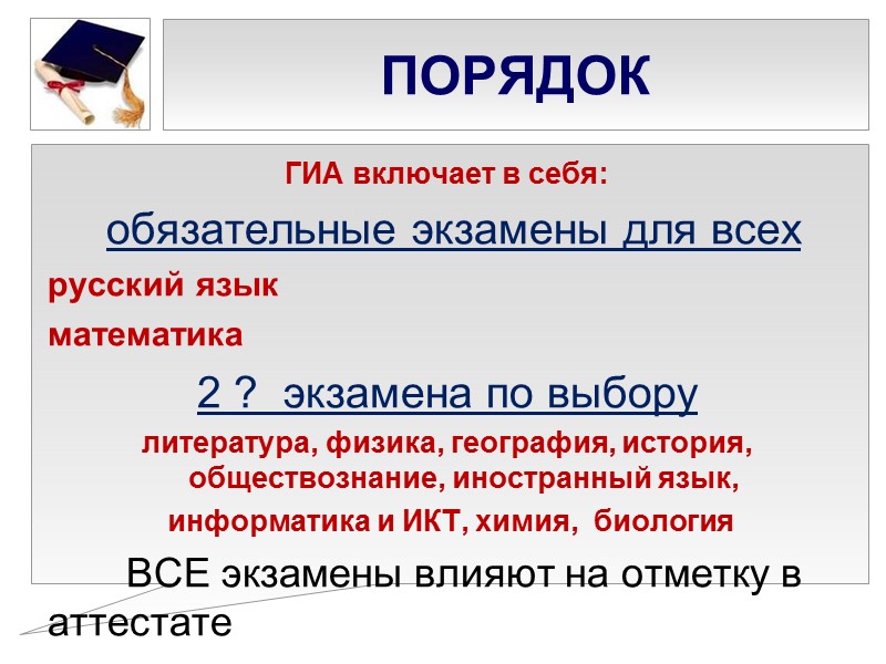 ПОРЯДОК ГИА включает в себя:  обязательные экзамены для всех  русский язык математика